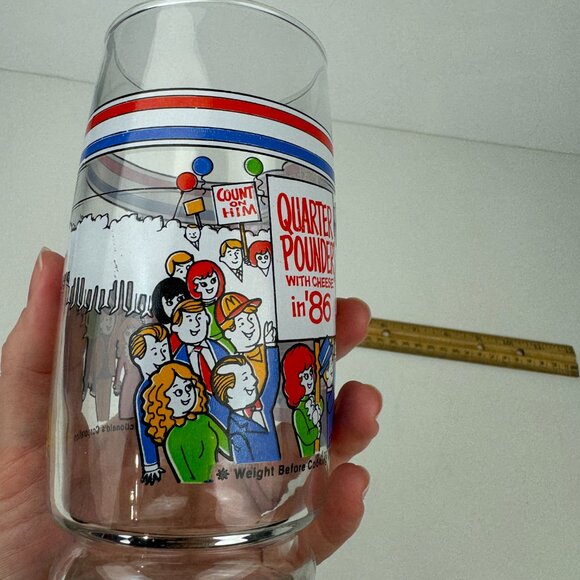 Vtg 1986 McDonalds Mc Vote Clear Drinking Glass Thin Cheese Burger Collectible - Picture 14 of 15